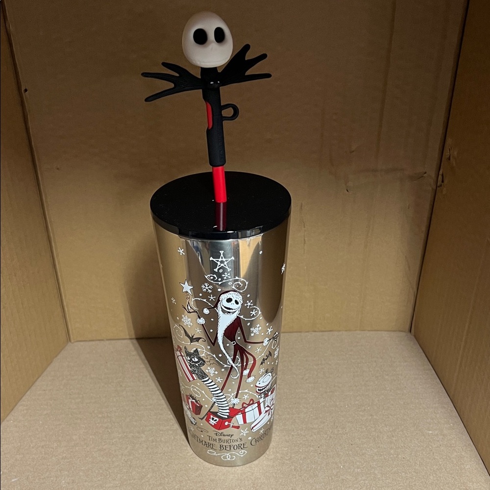 Disney / Starbucks Silver and Red Tumbler with Jack Skellington Topper